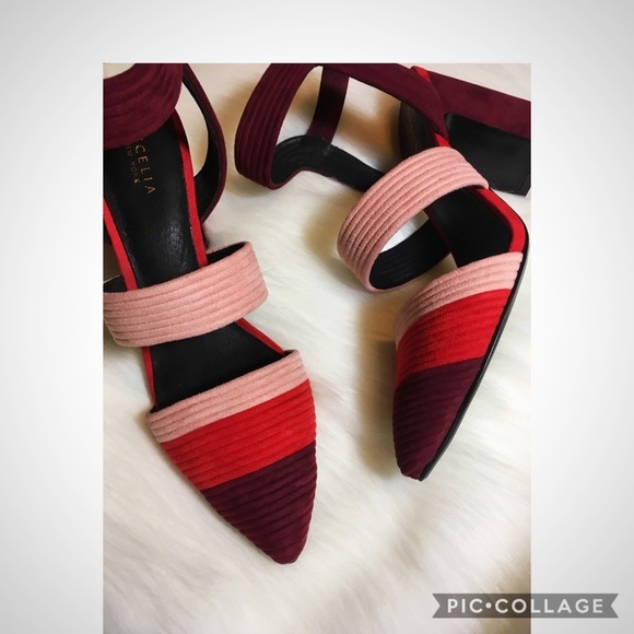 NWT Colorblock Heels Block Leather Pumps Pointed Toe Modern Striped Summer - Picture 4 of 7